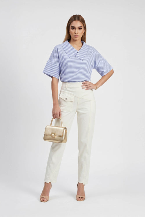 Sofia Collar-Detail Short-Sleeve Blusa