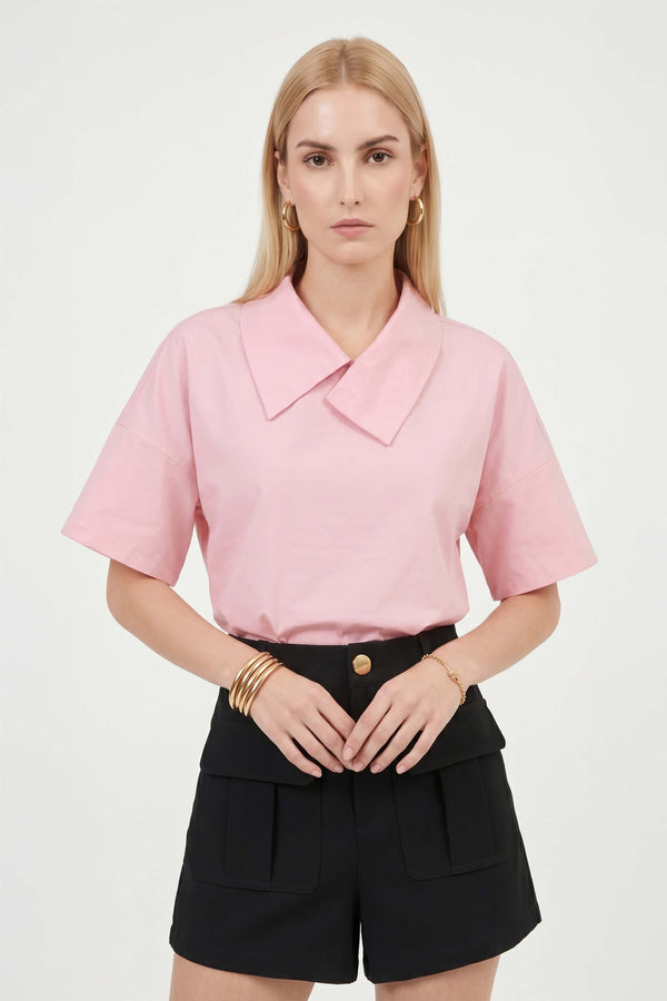 Sofia Collar-Detail Short-Sleeve Blusa 752969ROS