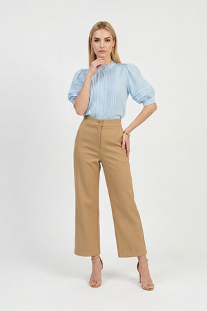 Olivia Ruffled High-Neck Pleated Short-Sleeve Blouse