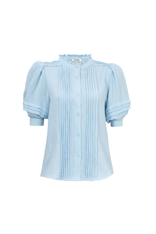 Olivia Ruffled High-Neck Pleated Short-Sleeve Blouse