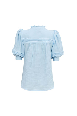 Olivia Ruffled High-Neck Pleated Short-Sleeve Blouse