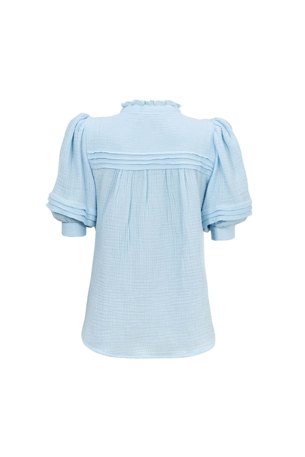 Olivia Ruffled High-Neck Pleated Short-Sleeve Blouse