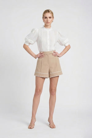 Olivia Ruffled High-Neck Pleated Short-Sleeve Blouse
