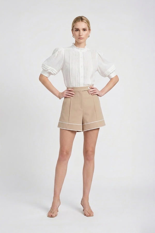 Olivia Ruffled High-Neck Pleated Short-Sleeve Blouse