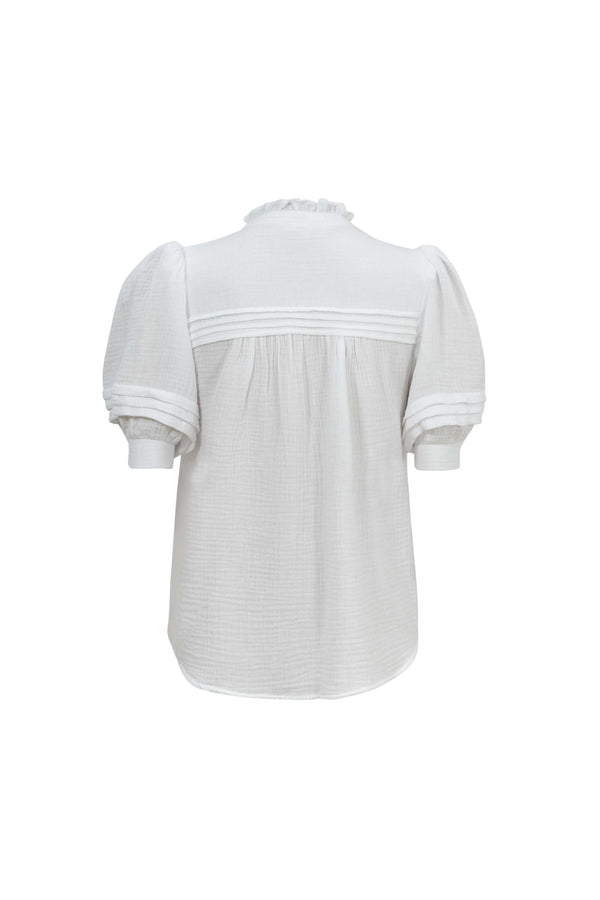 Olivia Ruffled High-Neck Pleated Short-Sleeve Blouse