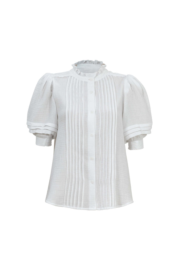 Olivia Ruffled High-Neck Pleated Short-Sleeve Blouse