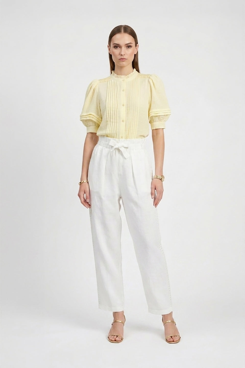 Olivia Ruffled High-Neck Pleated Short-Sleeve Blouse