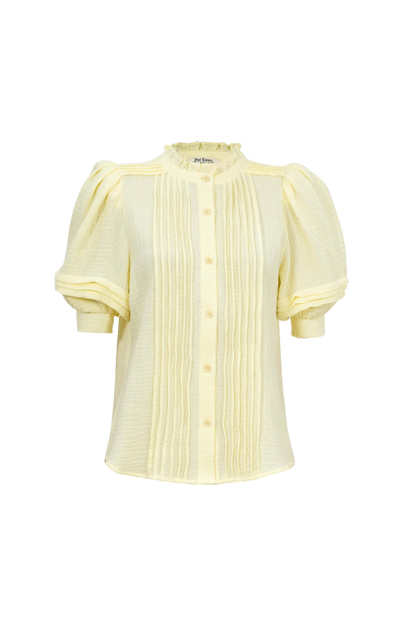 Olivia Ruffled High-Neck Pleated Short-Sleeve Blouse