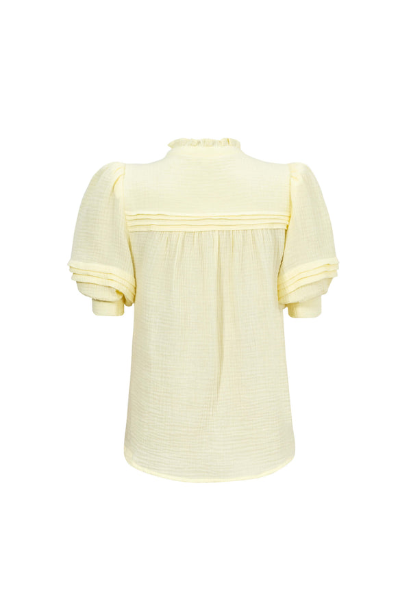 Olivia Ruffled High-Neck Pleated Short-Sleeve Blouse