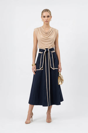 Elena Contrast-Trim A-Line Midi Skirt