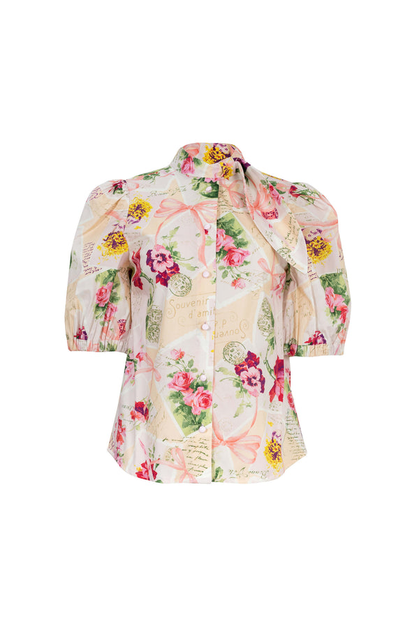 Amira Tie-Neck Puff-Sleeve Blusa 752995