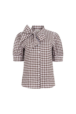 Elena Gingham Bow Puff Sleeve Blusa 753007 CAF