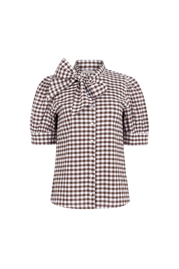 Elena Gingham Bow Puff Sleeve Blusa 753007 CAF