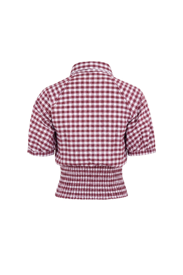 Lucía Gingham Tie-Front Smocked Blusa 753010 BUR