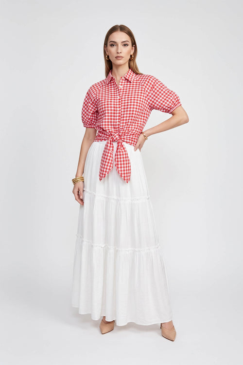 Lucía Gingham Tie-Front Smocked Blusa 753010 ROJ