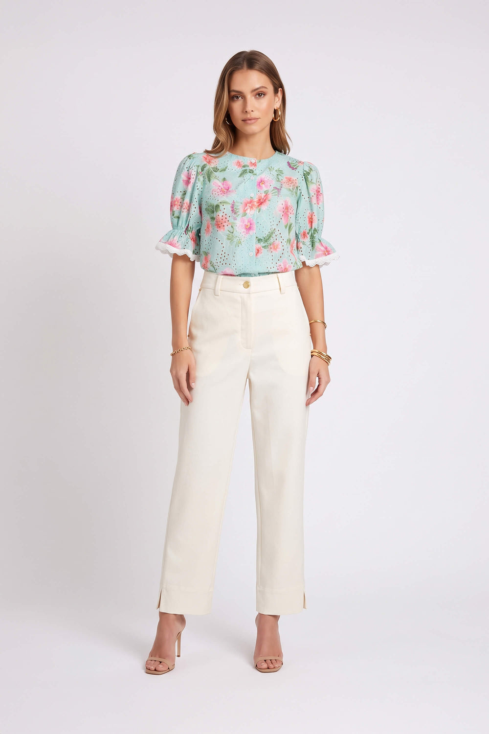 Mia Gold-Button Cropped Straight Pantalón  731177 HUE