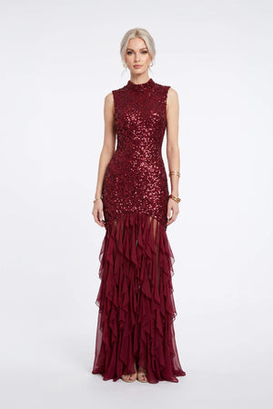 *Olimpia Sequin High-Neck Ruffled Maxi Vestido 820087 VIN