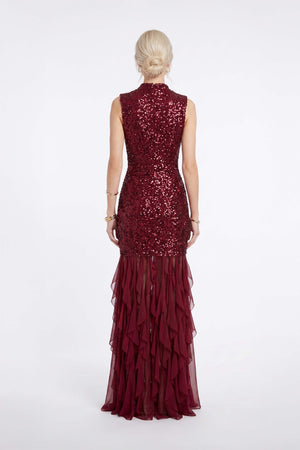 *Olimpia Sequin High-Neck Ruffled Maxi Vestido 820087 VIN