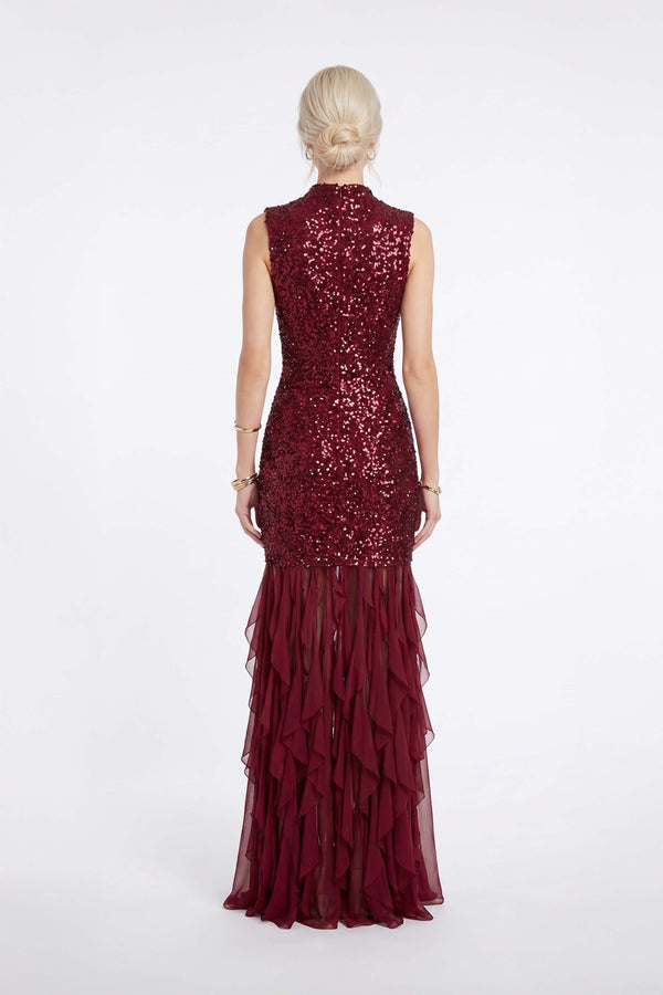 *Olimpia Sequin High-Neck Ruffled Maxi Vestido 820087 VIN