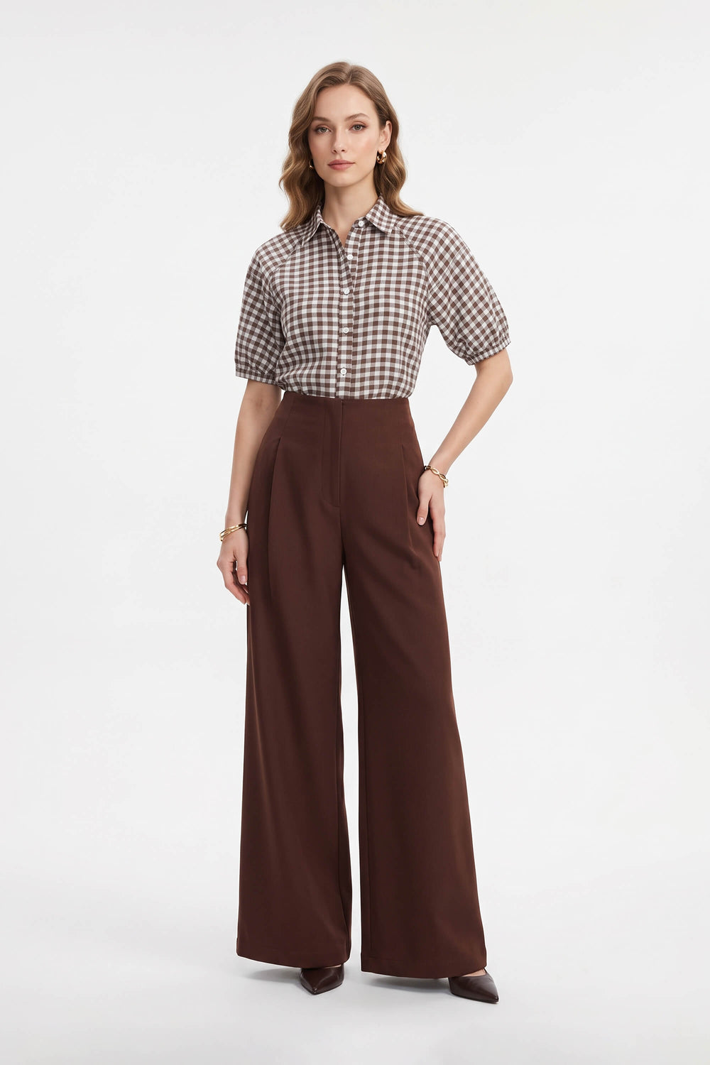 Adriana Pleated High-Waist Wide-Leg Pantalón 532179 CAF - Reina Diaz