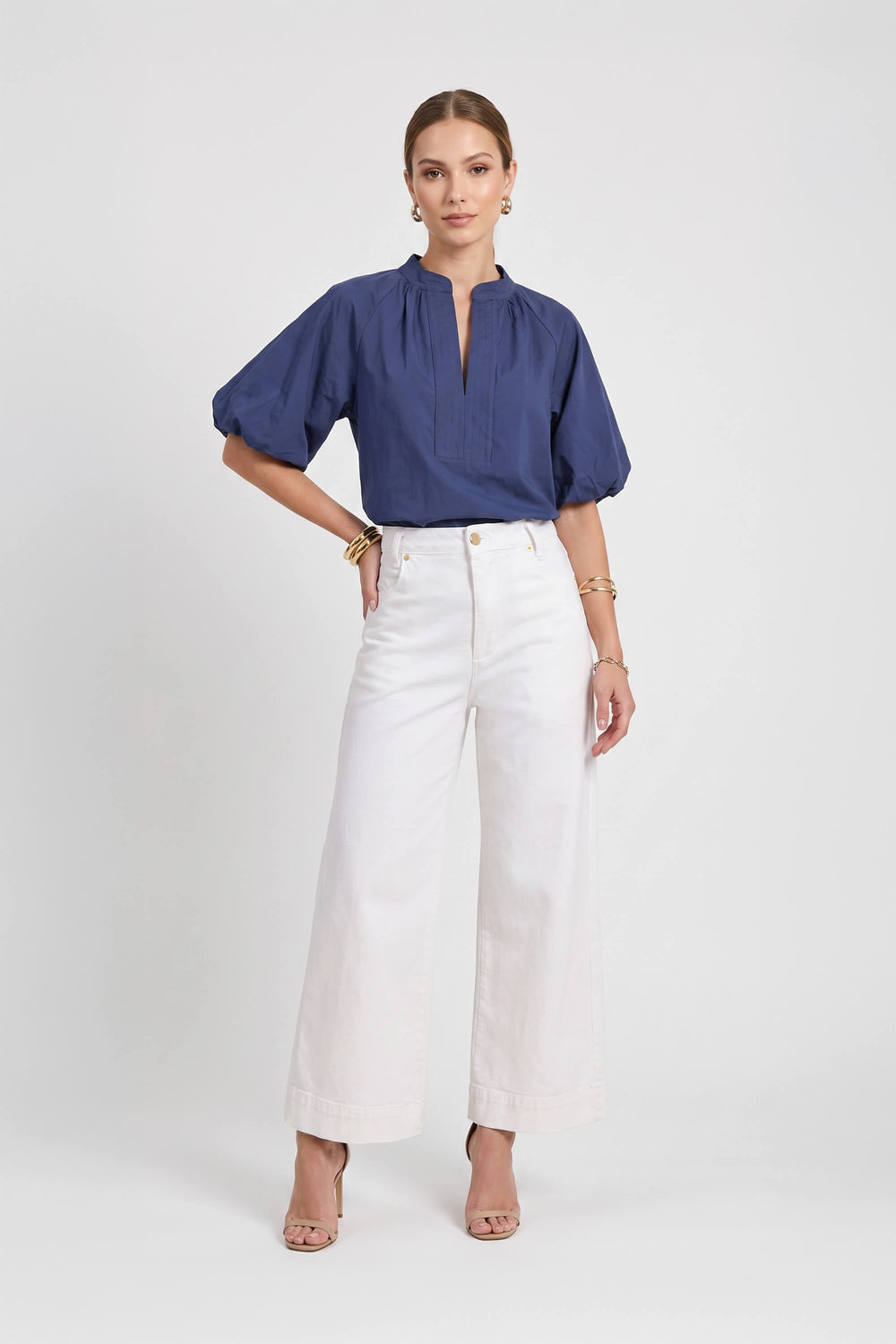 Adriana Puff Sleeve V-Neck Blusa 752975 AZU - Reina Diaz
