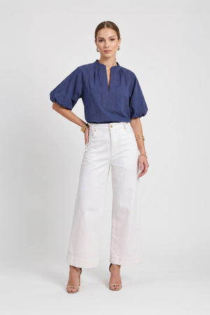 Adriana Puff Sleeve V-Neck Blusa 752975 AZU - Reina Diaz