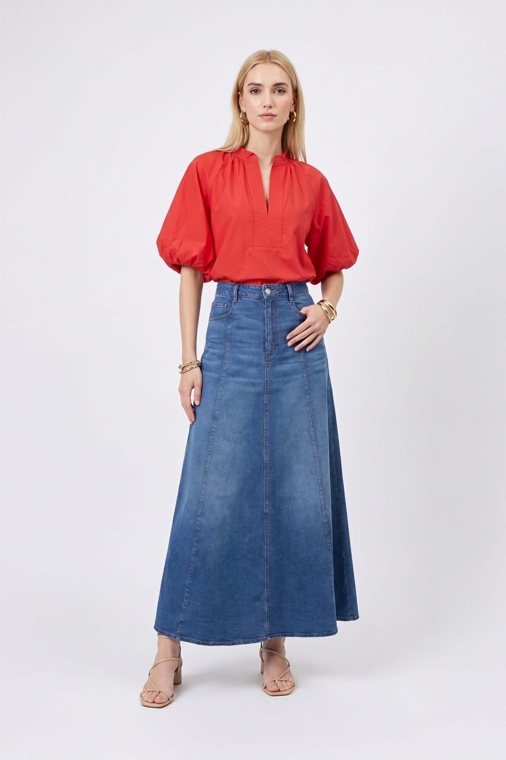 Adriana Puff Sleeve V-Neck Blusa 752975 ROJ - Reina Diaz