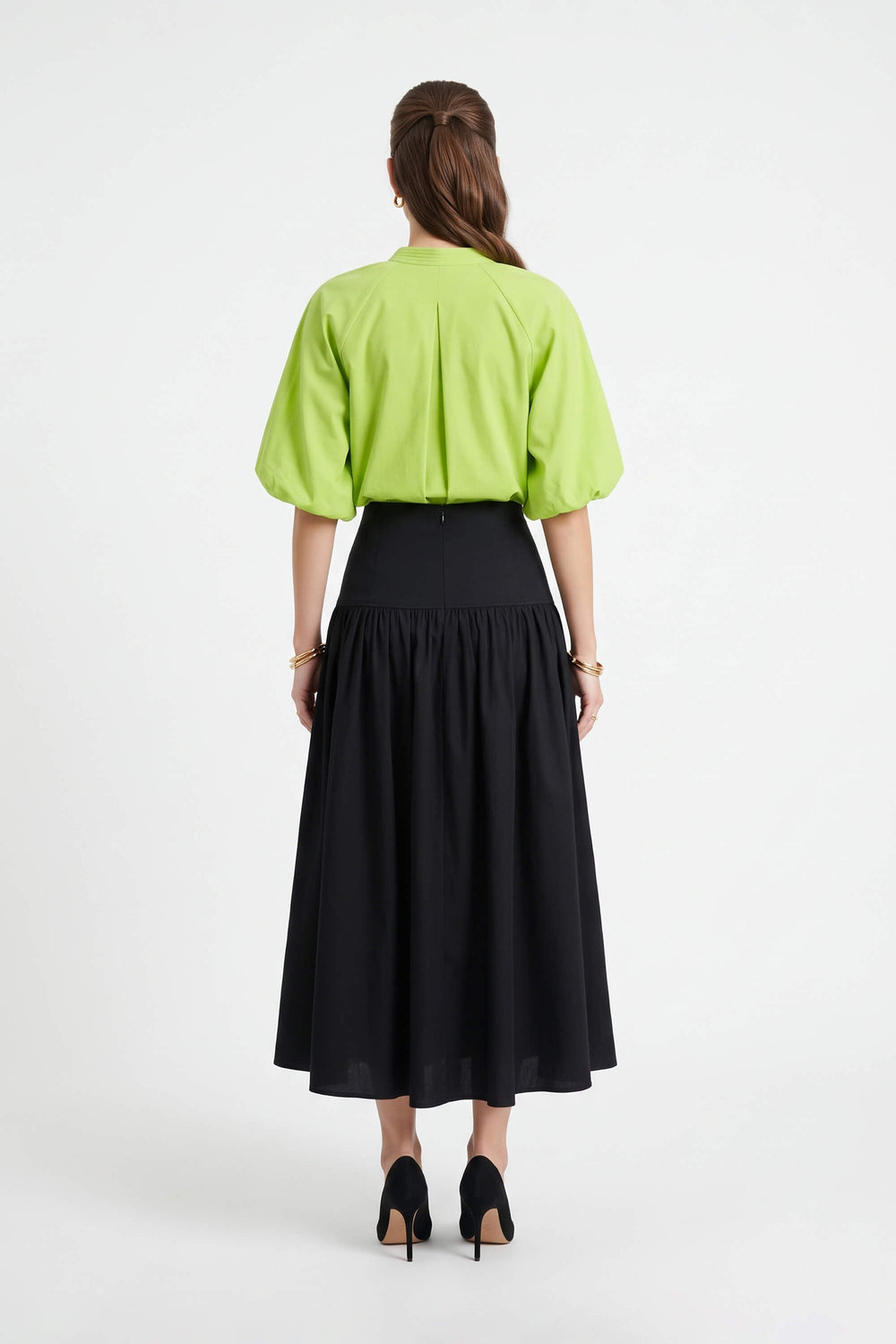 Amalia Drop-Waist Gathered Midi Falda 541377 NEG - Reina Diaz