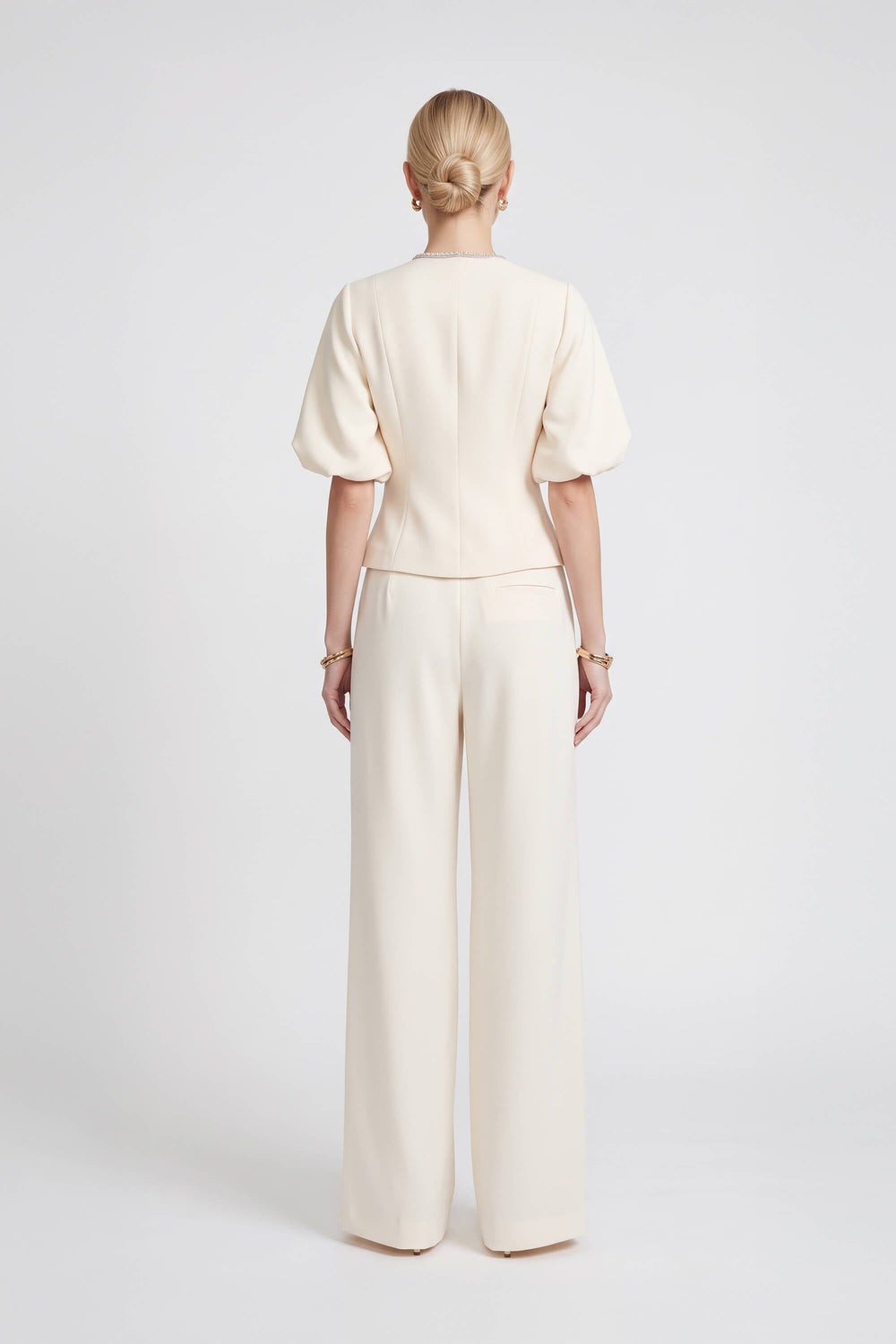 Amalia Puff-Sleeve Jewel-Button Cream Saco 501561 BEI - Reina Diaz