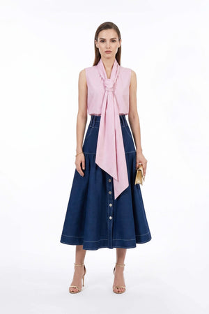Amberes Contrast - Stitch Denim Midi Skirt - Reina Diaz
