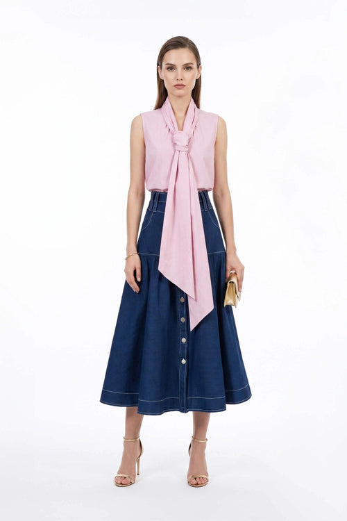 Amberes Contrast - Stitch Denim Midi Skirt - Reina Diaz