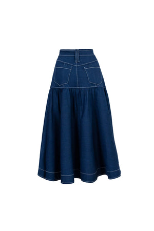Amberes Contrast - Stitch Denim Midi Skirt - Reina Diaz