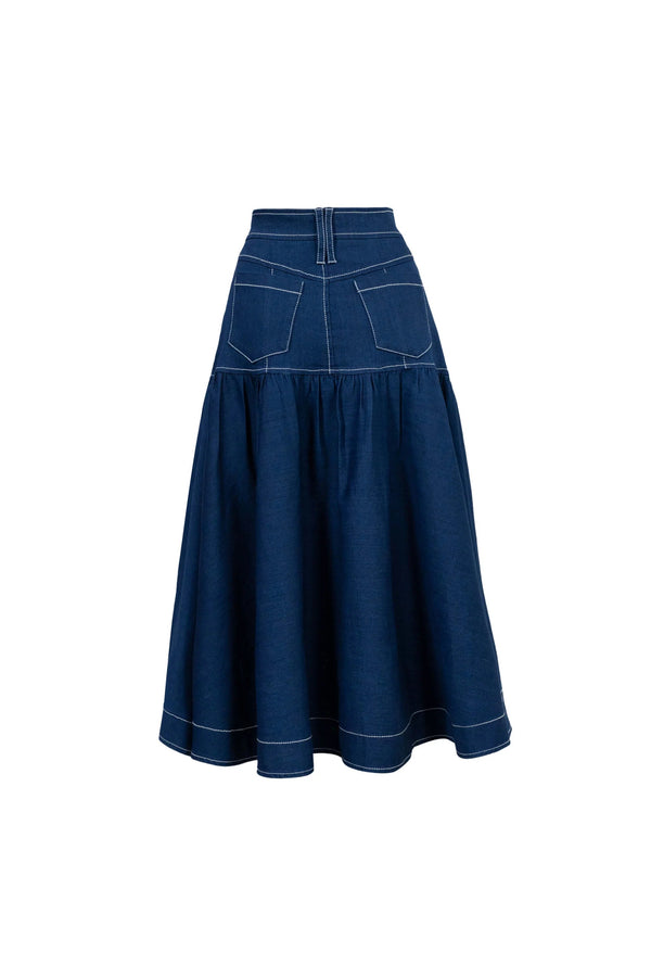 Amberes Contrast - Stitch Denim Midi Skirt - Reina Diaz
