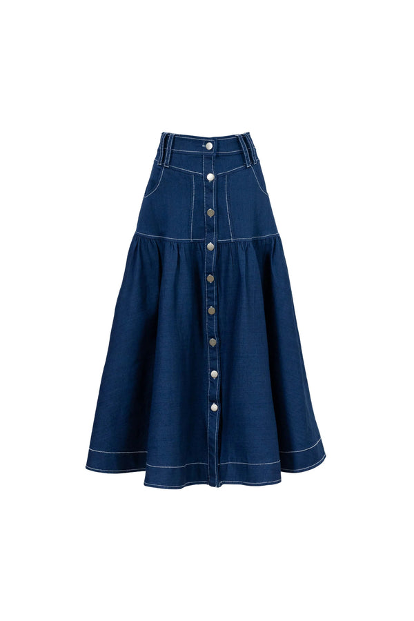 Amberes Contrast - Stitch Denim Midi Skirt - Reina Diaz