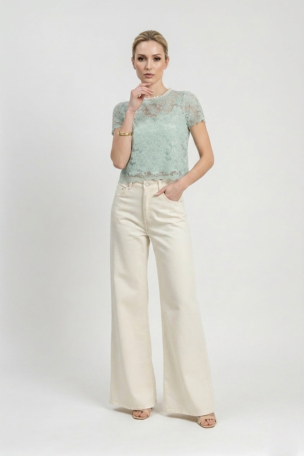 Amélie Floral Lace Pearl - Neck Blouse - Reina Diaz
