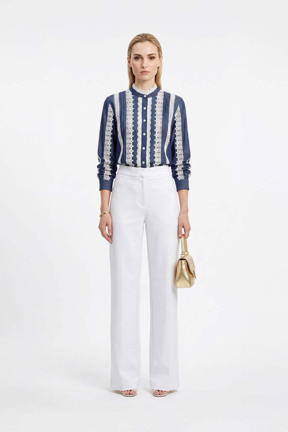 Ancona Lace - Trimmed Chambray Cotton Blouse - Reina Diaz