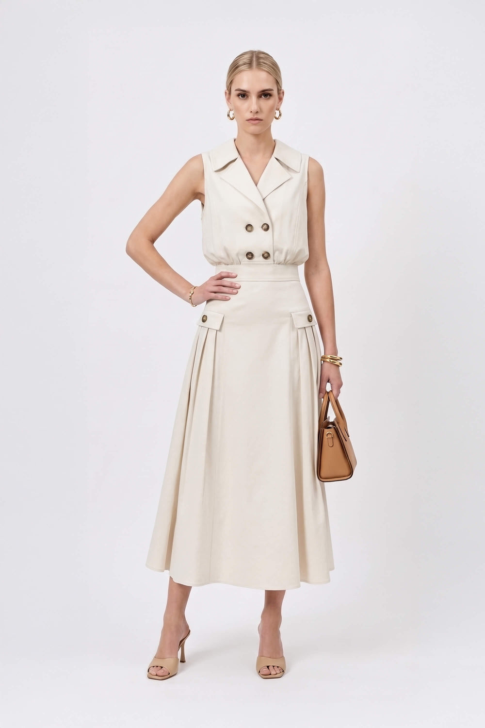 Antonia Notch-Lapel Double-Breasted Midi Vestido 526276HUE - Reina Diaz