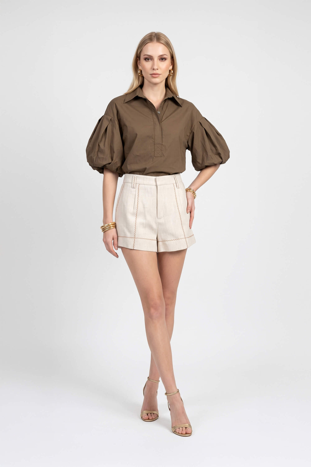 Beatrice Contrast Stitched High-Waist Shorts 731144 BEI - Reina Diaz