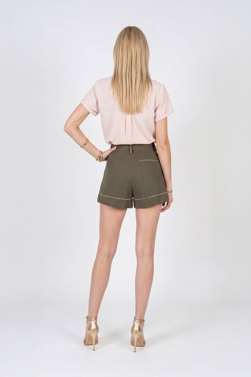 Beatrice Contrast Stitched High-Waist Shorts 731144 OLI - Reina Diaz