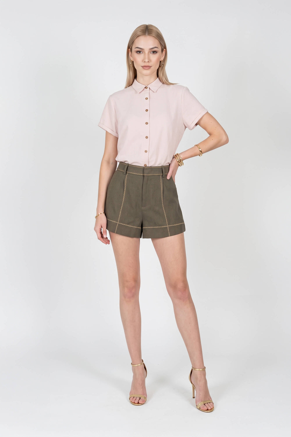 Beatrice Contrast Stitched High-Waist Shorts 731144 OLI - Reina Diaz