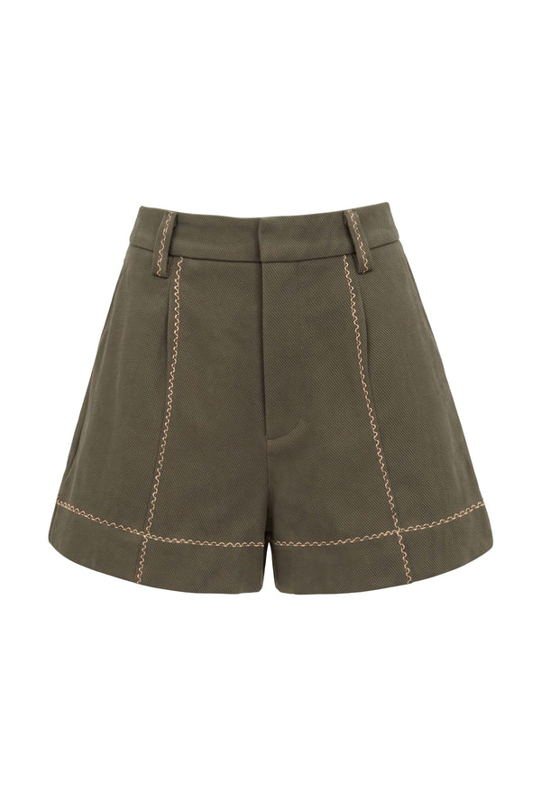 Beatrice Contrast Stitched High-Waist Shorts 731144 OLI - Reina Diaz