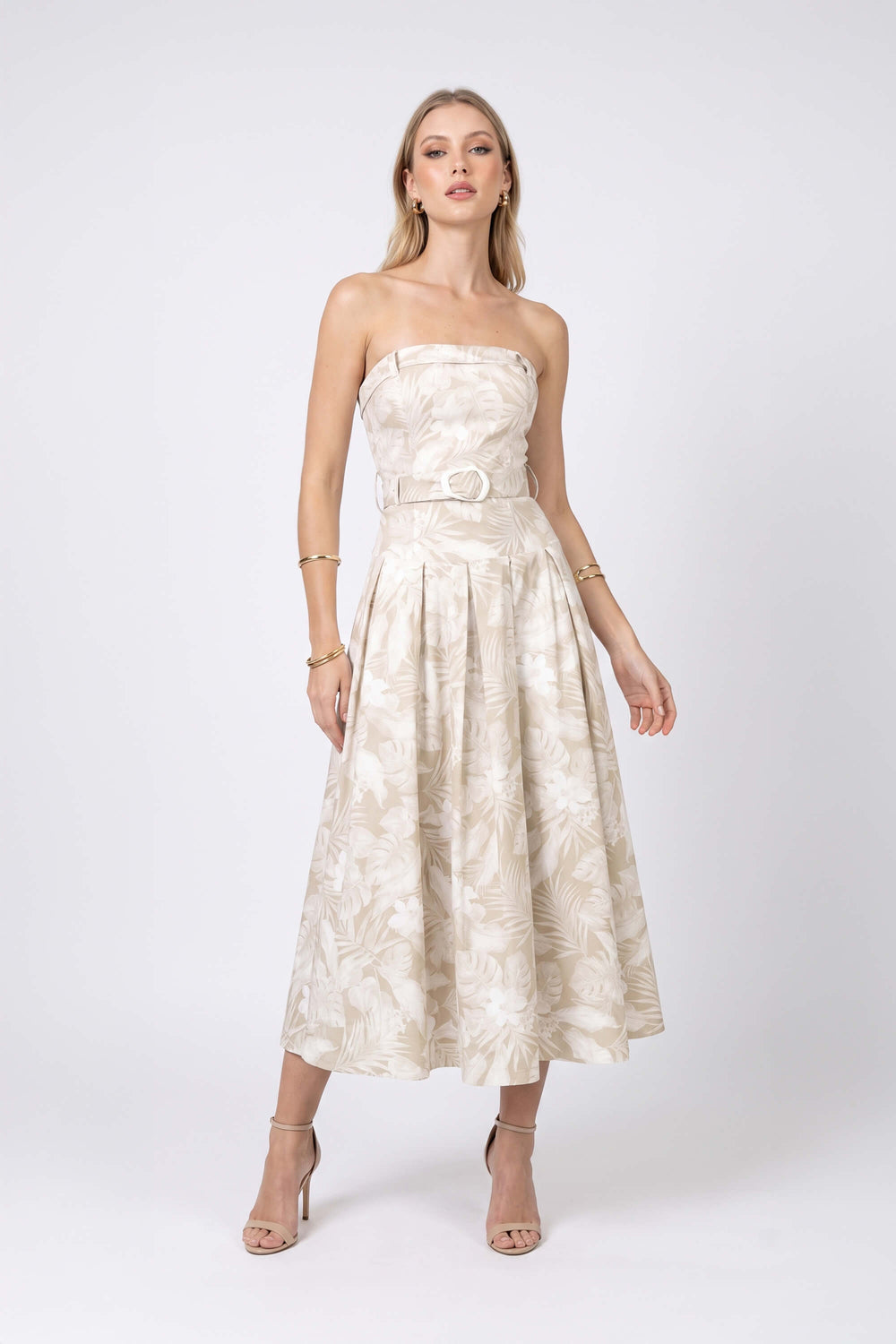 Beatrice Strapless Belted Floral Maxi Vestido 723006 BEI - Reina Diaz