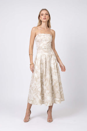 Beatrice Strapless Belted Floral Maxi Vestido 723006 BEI - Reina Diaz