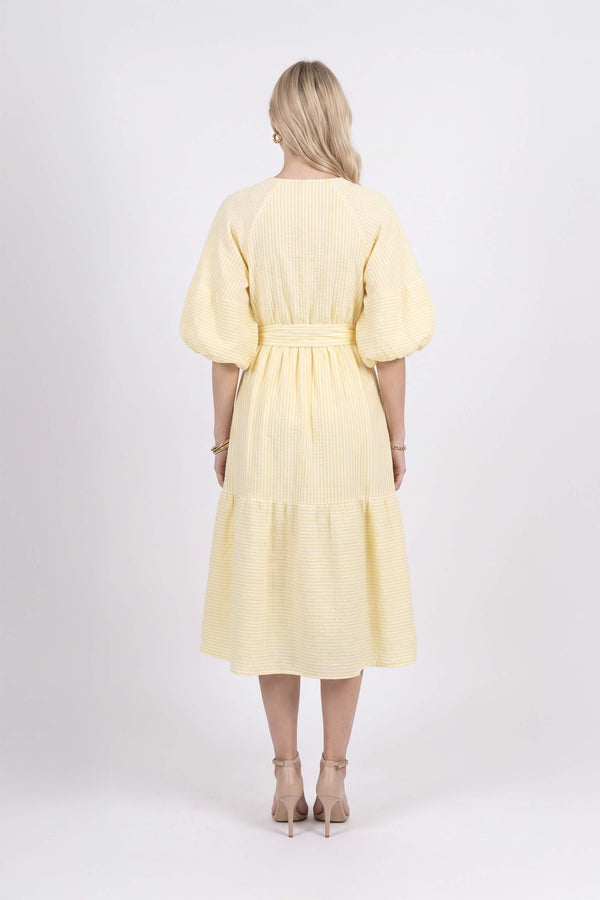 Beatrice Striped Puff Sleeve Midi Vestido 723107 AMA - Reina Diaz