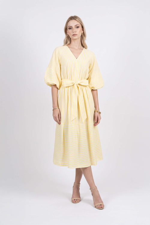Beatrice Striped Puff Sleeve Midi Vestido 723107 AMA - Reina Diaz