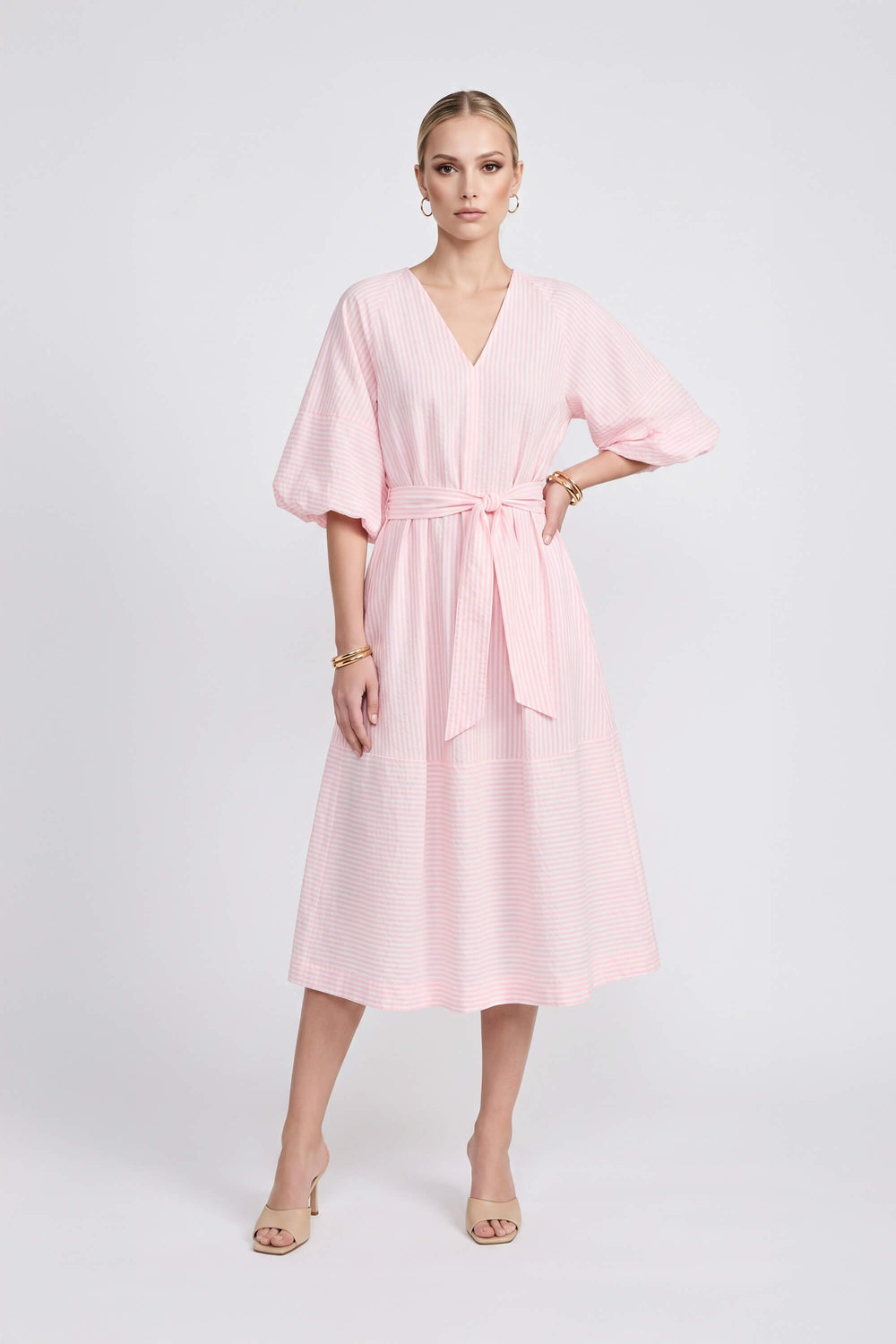 Beatrice Striped Puff Sleeve Midi Vestido 723107 ROS - Reina Diaz