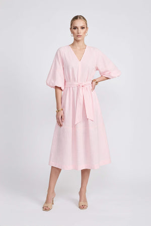 Beatrice Striped Puff Sleeve Midi Vestido 723107 ROS - Reina Diaz