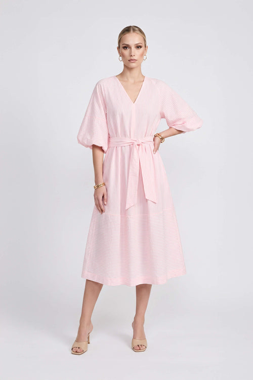 Beatrice Striped Puff Sleeve Midi Vestido 723107 ROS - Reina Diaz