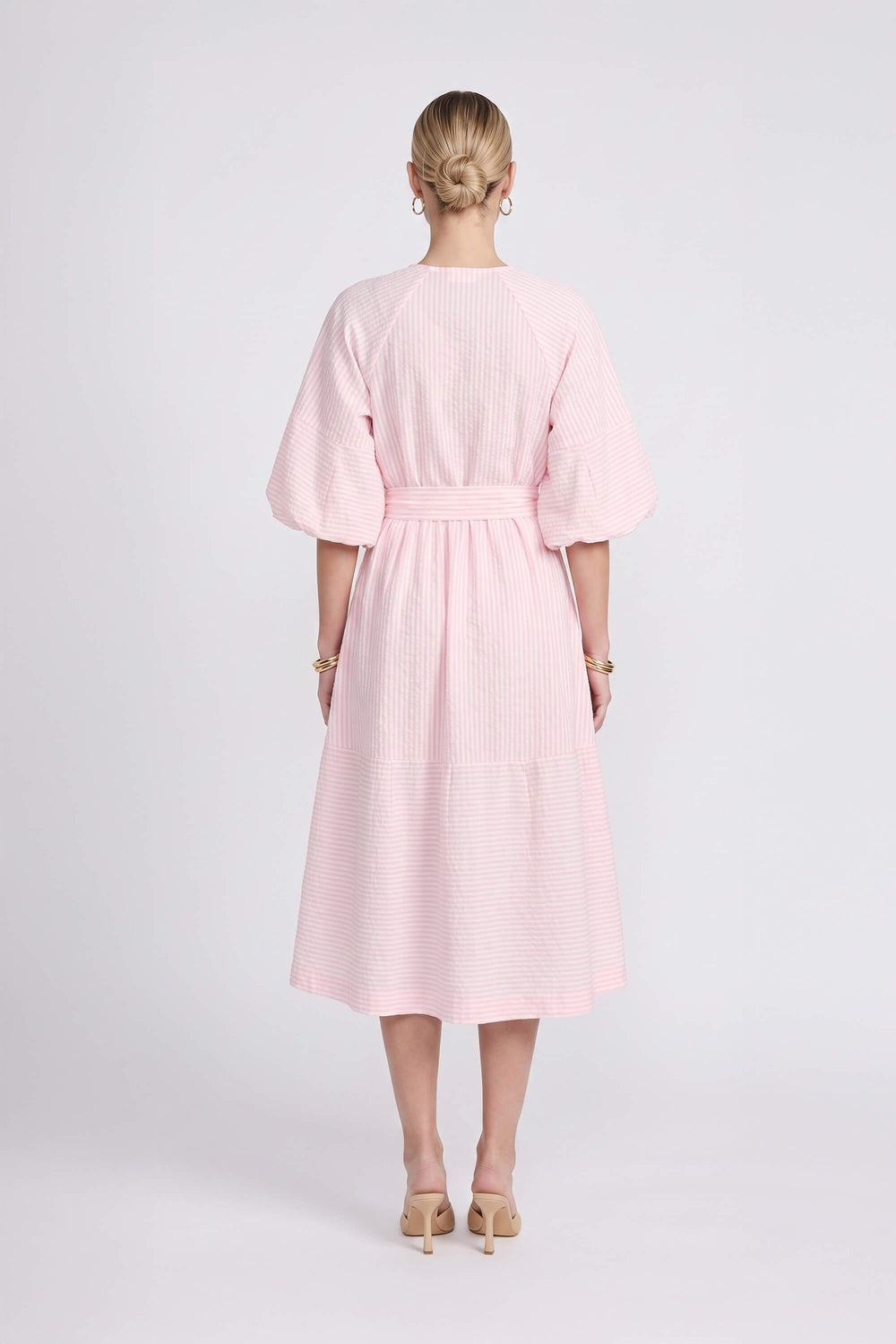 Beatrice Striped Puff Sleeve Midi Vestido 723107 ROS - Reina Diaz