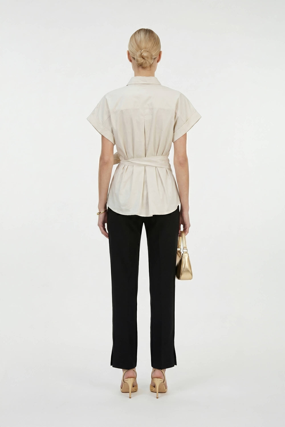 Begonia Knot-Detail Asymmetric Short-Sleeve Shirt 554297 BEI - Reina Diaz